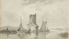River landscape with a tower, c.1828-1897. Creator: Adrianus Eversen