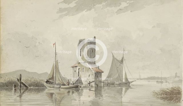River landscape with a tower, c.1828-1897. Creator: Adrianus Eversen.