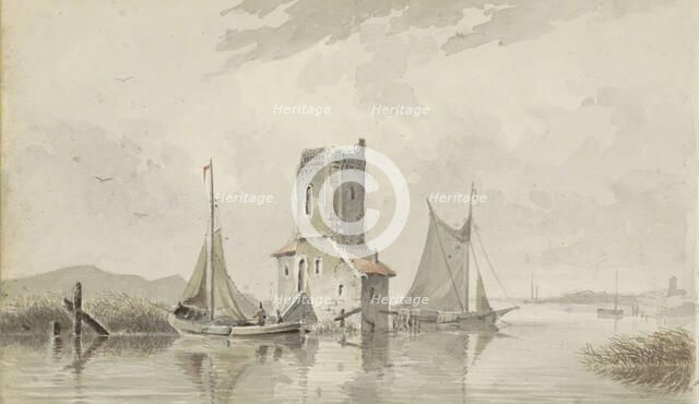 River landscape with a tower, c.1828-1897. Creator: Adrianus Eversen.