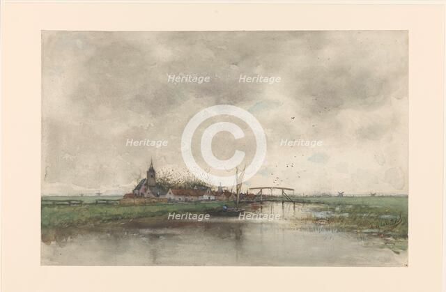 River landscape with a view of a village, 1866-1892. Creator: Frederik Jacobus van Rossum du Chattel.