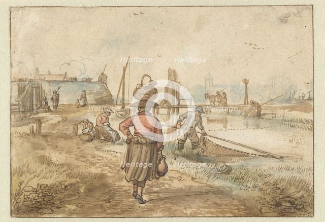 River Landscape with a Woman Carrying a Basket on her Head, Fishermen and Other Fig..., before c1620 Creator: Hendrick Avercamp.