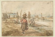 River Landscape with a Woman Carrying a Basket on her Head, Fishermen and Other Fig..., before c1620 Creator: Hendrick Avercamp
