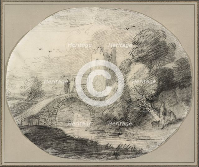 River Landscape with a Bridge and a Church, 1781. Creator: Thomas Gainsborough.