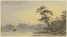River landscape with a church in the background, 19th century. Creator: Unknown