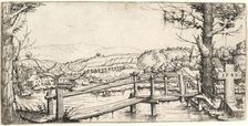 River Landscape with a Footbridge, 1546. Creator: Augustin Hirschvogel