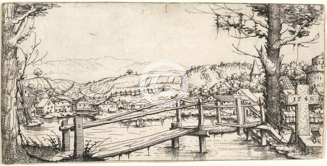 River Landscape with a Footbridge, 1546. Creator: Augustin Hirschvogel.