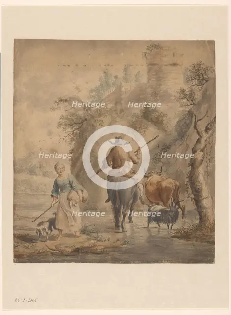 River landscape with a rider, wife and cattle, 1631-1733. Creator: Anon.