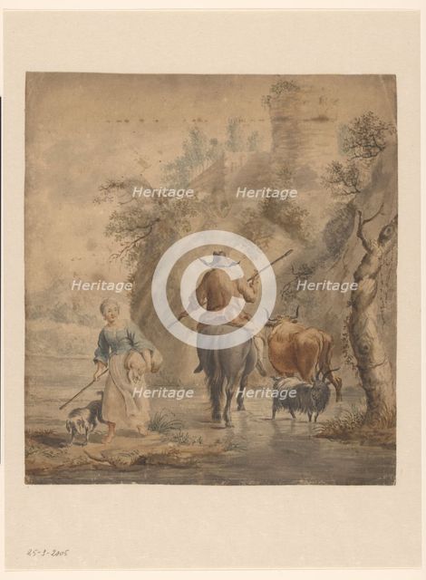 River landscape with a rider, wife and cattle, 1631-1733. Creator: Anon.