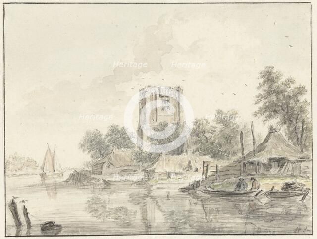 River landscape with a ruined church tower, 1733-1784. Creator: Hendrik Spilman.
