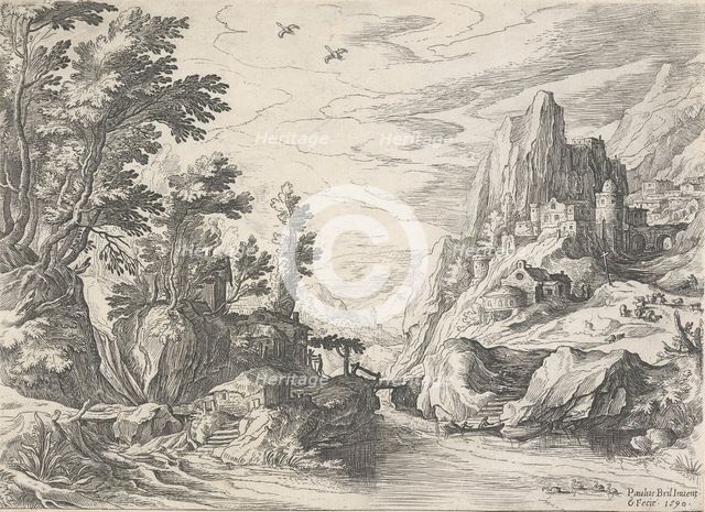River landscape with a shepherd on a hill to the right. From: Views of the coast of Campania, 1590. Creator: Paul Brill.