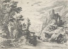 River landscape with a shepherd on a hill to the right. From: Views of the coast of Campania, 1590. Creator: Paul Brill