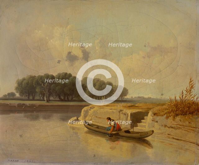 River landscape with boat, 1866. Creator: Karol Marko.
