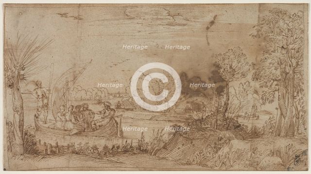River Landscape with Boats, c. 1590. Creator: Annibale Carracci (Italian, c. 1560-1609).