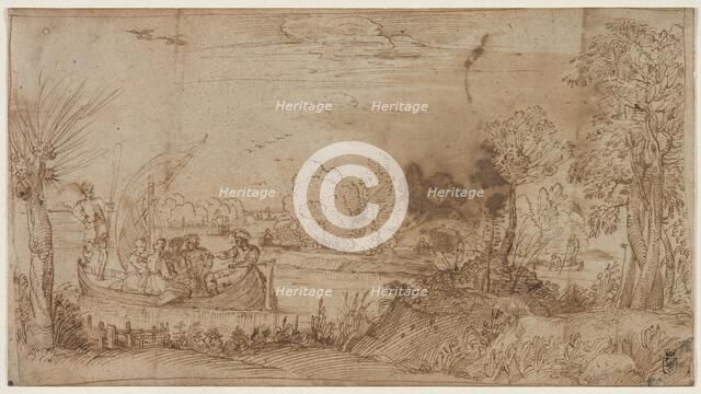 River Landscape with Boats, c. 1590. Creator: Annibale Carracci (Italian, c. 1560-1609).