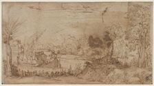 River Landscape with Boats, c. 1590. Creator: Annibale Carracci (Italian, c. 1560-1609)