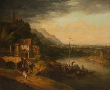River Landscape with Barge, 18th century. Creator: Circle of Christian Georg Schutz the Elder