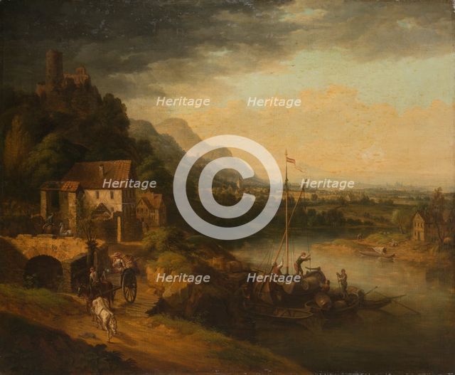 River Landscape with Barge, 18th century. Creator: Circle of Christian Georg Schutz the Elder.
