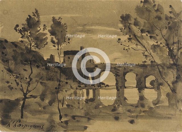 River Landscape with Bridge and House, 1890. Creator: Henri-Joseph Harpignies.