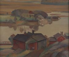 River Landscape With Buildings, 1930. Creator: Ilmari Aalto