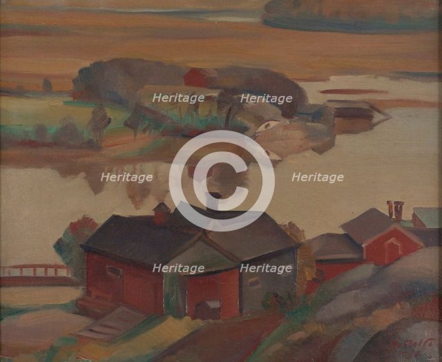 River Landscape With Buildings, 1930. Creator: Ilmari Aalto.