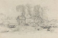 River Landscape with Buildings, Boats, and Figures, c. 1858. Creator: Eugene Louis Boudin
