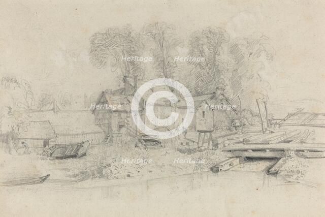 River Landscape with Buildings, Boats, and Figures, c. 1858. Creator: Eugene Louis Boudin.