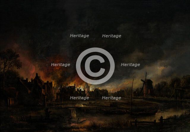 River Landscape with Burning Village, 1625-1650 or 1650-1675. Creator: Aert van der Neer.