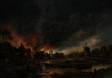 River Landscape with Burning Village, 1625-1650 or 1650-1675. Creator: Aert van der Neer
