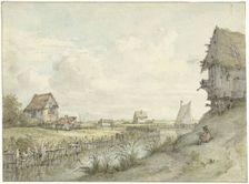 River landscape with draftsman sketching between huts, 1776-1822. Creator: Jan Hulswit