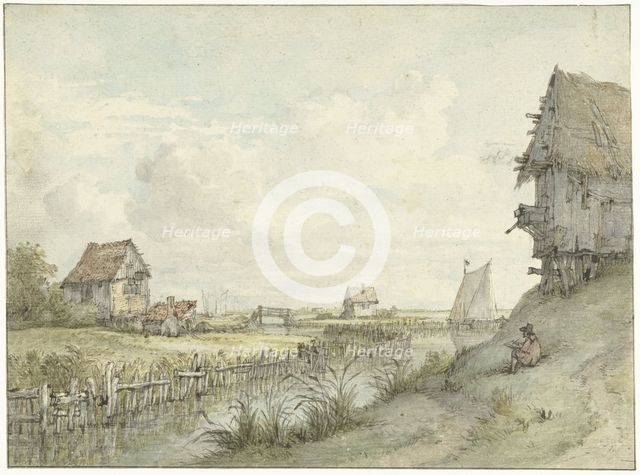 River landscape with draftsman sketching between huts, 1776-1822. Creator: Jan Hulswit.