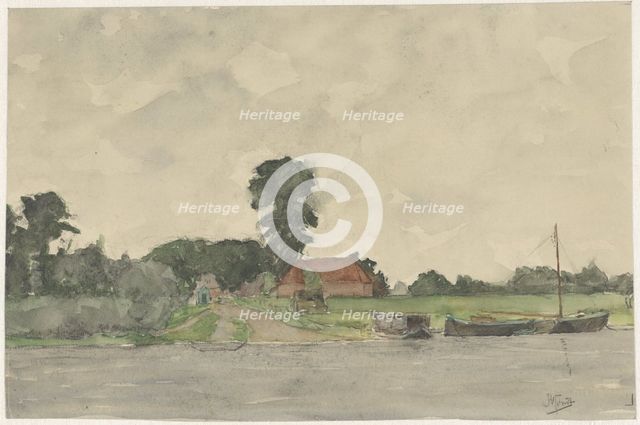 River landscape with farm, 1869-1941. Creator: Johannes Abraham Mondt.