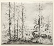 River Landscape with Five Bare Spruce Trees in the Foreground, 1549. Creator: Augustin Hirschvogel (German, 1503-1553)