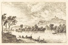 River Landscape with Figures and a Boat at Water's Edge, 1768. Creator: Nicolas Perignon