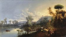 River landscape with figures and livestock, 1850. Creator: Manuel Barron y Carrillo