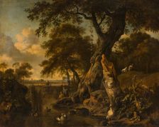 River Landscape with Fisherman and Hunter, 1671. Creator: Jan Wijnants