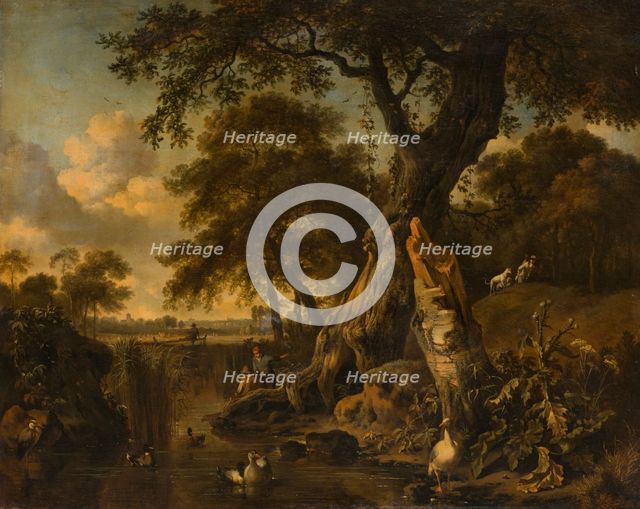 River Landscape with Fisherman and Hunter, 1671. Creator: Jan Wijnants.