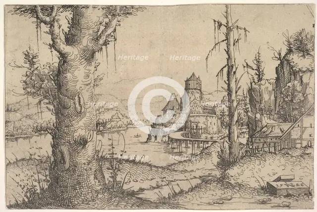River Landscape with Large Tree at Left, 1546. Creator: Augustin Hirschvogel.