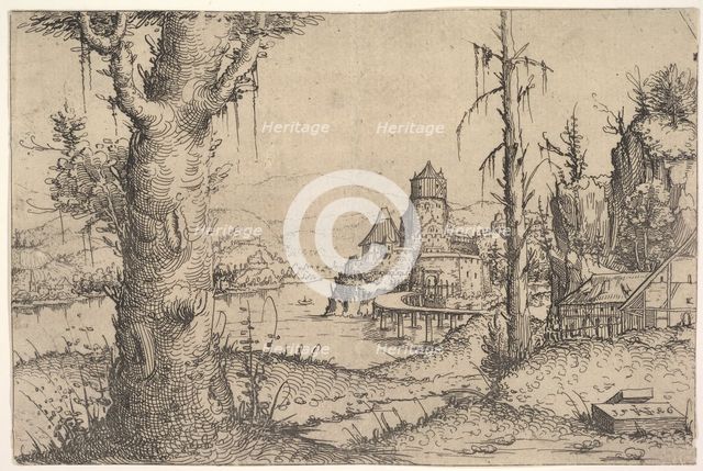 River Landscape with Large Tree at Left, 1546. Creator: Augustin Hirschvogel.