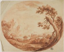 River Landscape with Mountains in Distance, Large Tree in Foreground, n.d. Creator: Unknown