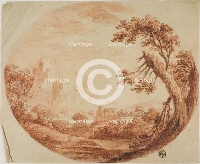 River Landscape with Mountains in Distance, Large Tree in Foreground, n.d. Creator: Unknown.
