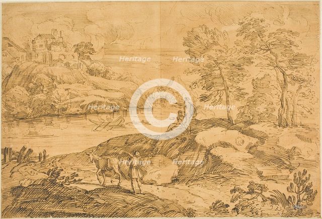River Landscape with Man and Donkey, Bathers, n.d. Creator: Unknown.
