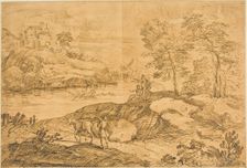 River Landscape with Man and Donkey, Bathers, n.d. Creator: Unknown