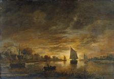 River Landscape with Ships at Moonrise, c1660-1670. Creator: Aert van der Neer