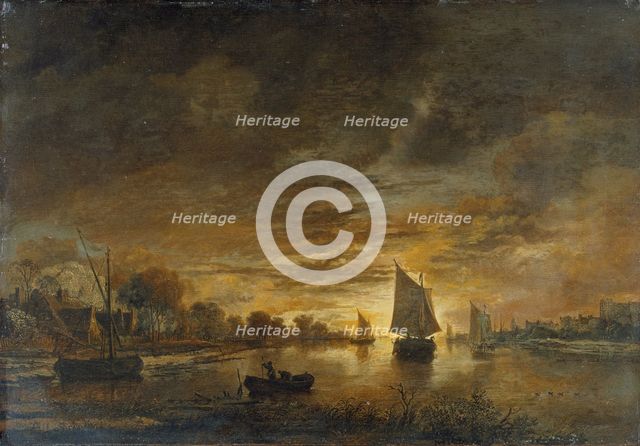 River Landscape with Ships at Moonrise, c1660-1670. Creator: Aert van der Neer.