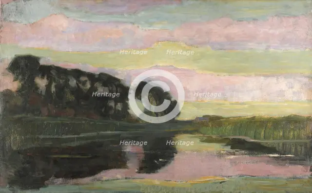 River landscape with pink and yellowgreen sky, ca 1907-1908. Creator: Mondrian, Piet (1872-1944).