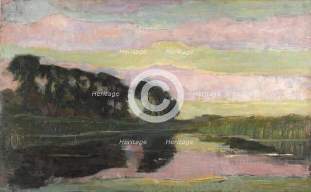 River landscape with pink and yellowgreen sky, ca 1907-1908. Creator: Mondrian, Piet (1872-1944).