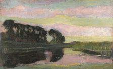 River landscape with pink and yellowgreen sky, ca 1907-1908. Creator: Mondrian, Piet (1872-1944)