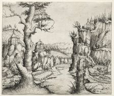 River Landscape with rocks at left ana at right, 1546. Creator: Augustin Hirschvogel (German, 1503-1553)
