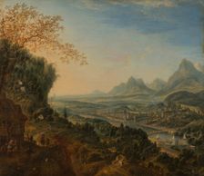 River Landscape with Rhine Motifs and Troops Passing, c1700. Creator: Jan Griffier I