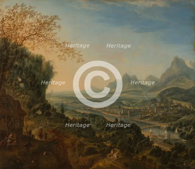 River Landscape with Rhine Motifs and Troops Passing, c1700. Creator: Jan Griffier I.